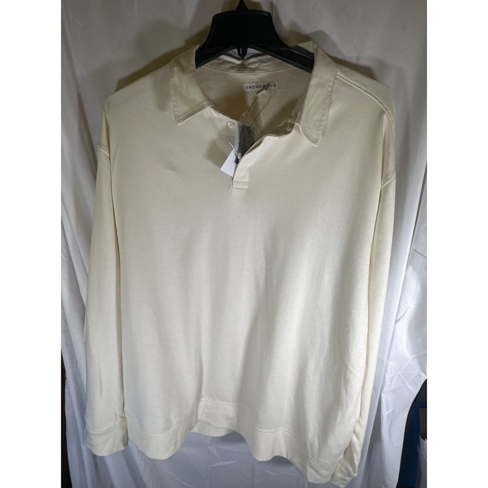 And Now This Mens Solid Fleece Polo Long-Sleeve Sweatshirt, Off White, NWT, XXL - Picture 2 of 5
